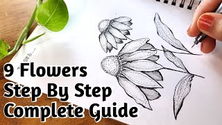 How To Draw Flowers 9 Designs || PEONY, PETUNIA, Daisy, Hibiscus, CONEFLOWER, ZINNIA, ECHINACEA