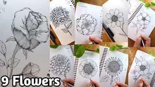 Draw 9 Flowers|| ROSE, SUNFLOWER, COSMOS, DAHLIA, HYDRANGEA, TEA PLANT, DOGROSE, CAMELLIA, SCABIOSA